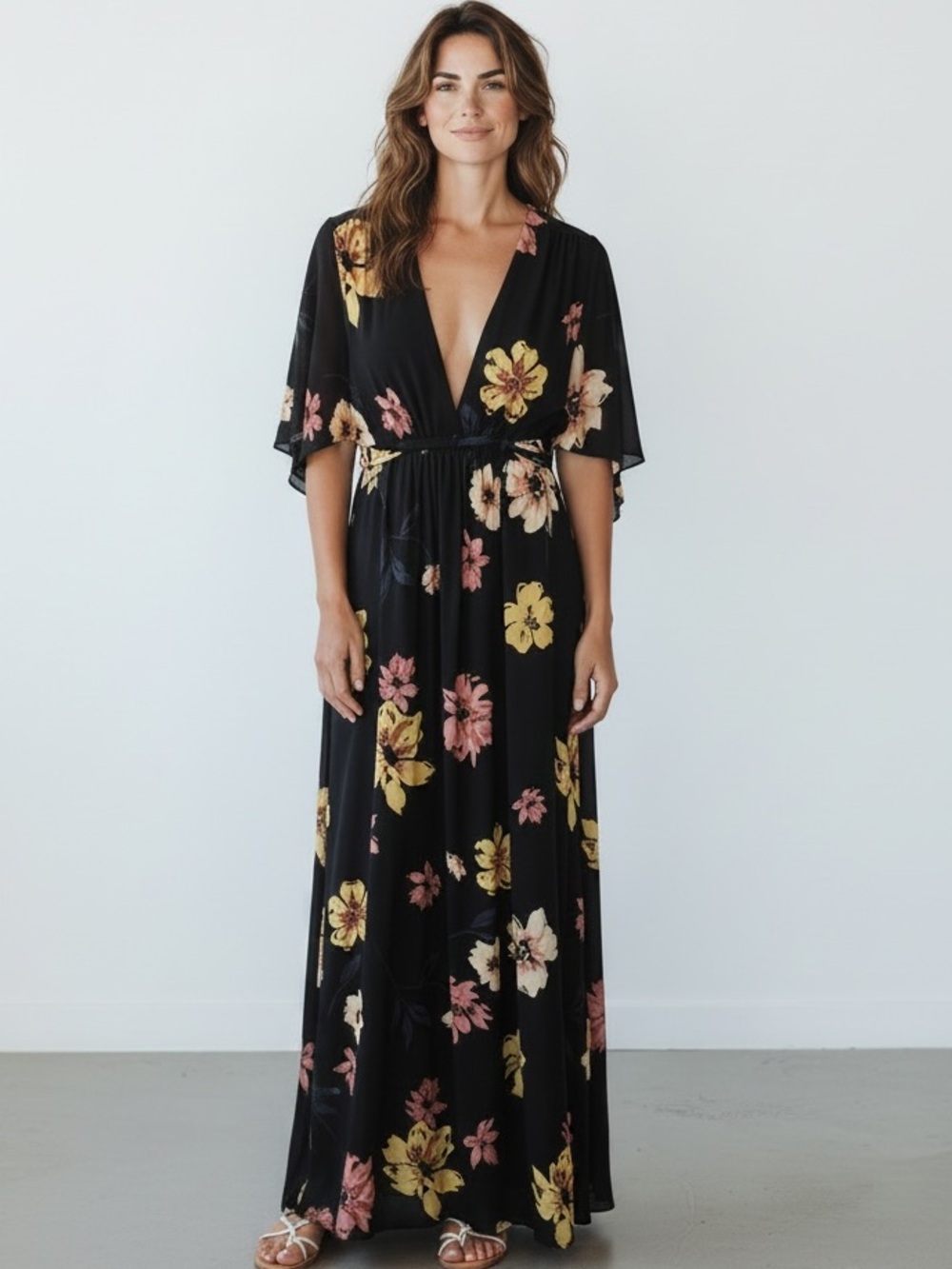 0131. Rachel Pally Heathered Black Floral Maxi Dress with Yellow and Pink Blooms